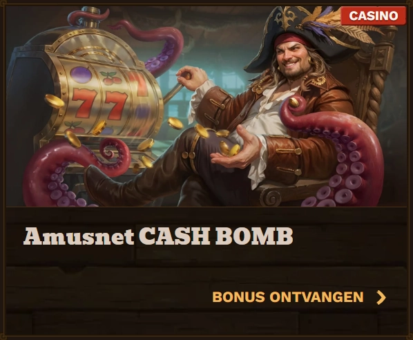 Fat Pirate Casino slot machine with pirate and tentacles, "Amusnet CASH BOMB" text