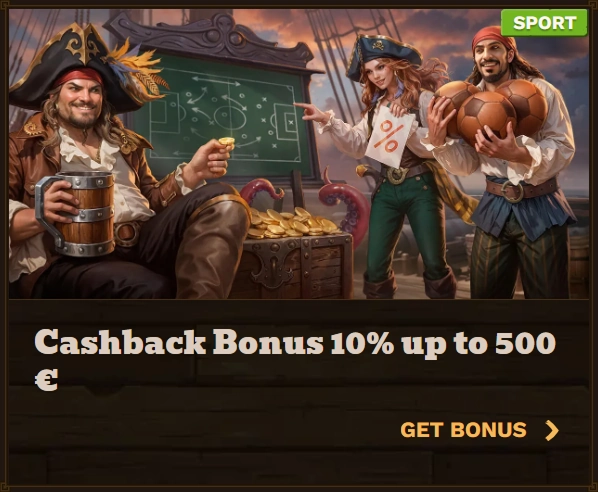 Fat Pirate Casino cashback bonus 10% up to 500€ with pirates and soccer balls
