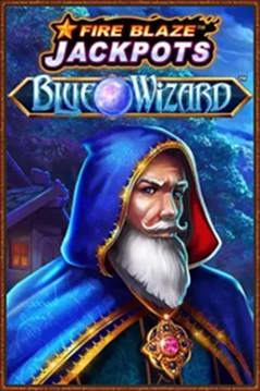 Blue Wizard Fire Blaze Jackpots slot game with wizard portrait