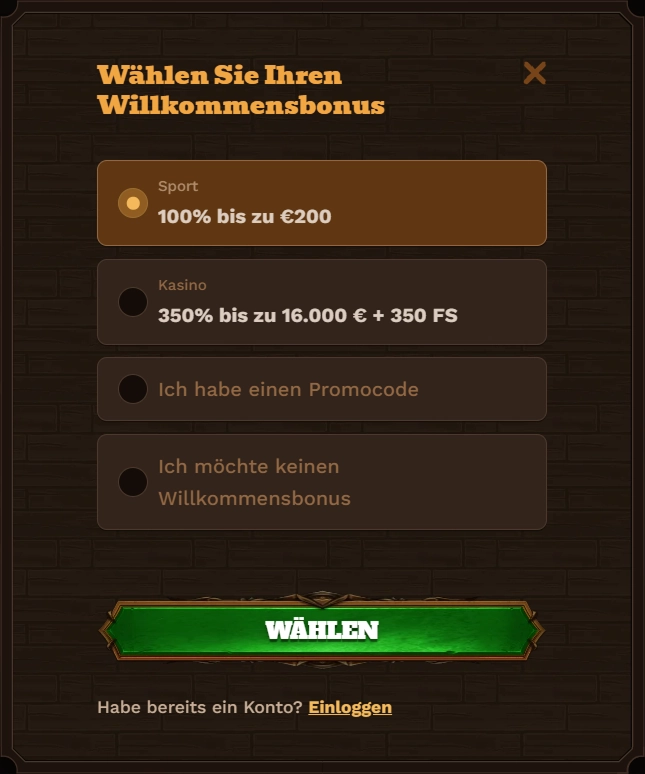 Fat Pirate Casino welcome bonus options: 100% up to €200 sport or 16.000€ + 350 FS casino
