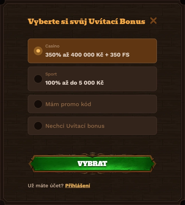 Fat Pirate Casino welcome bonus options: 350% up to 400,000 Kč + 350 FS or 100% up to 5,000 Kč