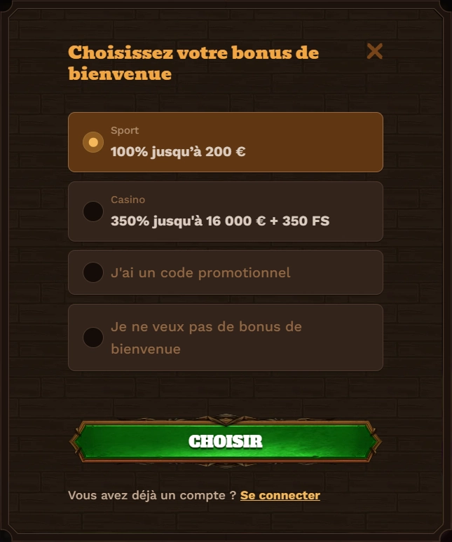 Fat Pirate Casino bonus selection: Sport 200€, Casino 16000€ + 35 FS, or no bonus