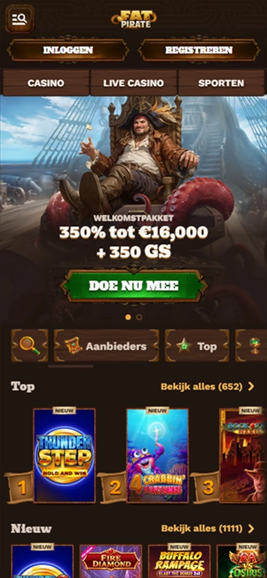 Fat Pirate Casino mobile screen with welcome offer: 350% up to €16,000 + 350 GS