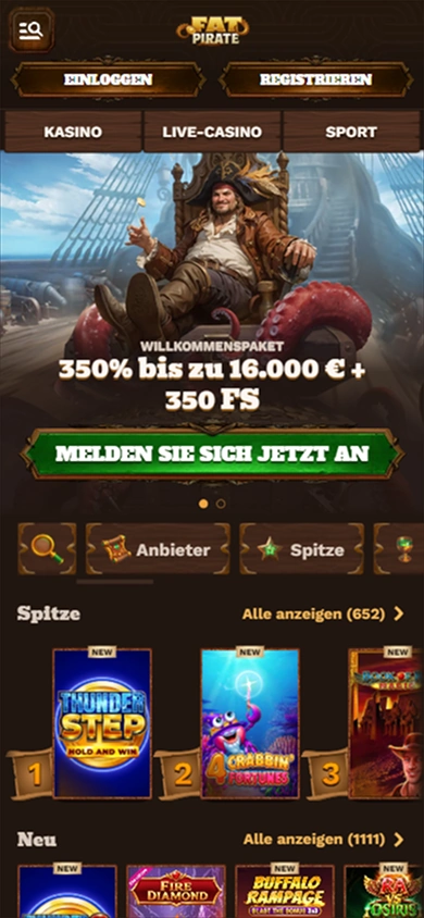 Fat Pirate Casino mobile lobby with slot game grid and bonus banner