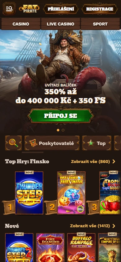 Fat Pirate Casino mobile screenshot showing bonus offer and slot games