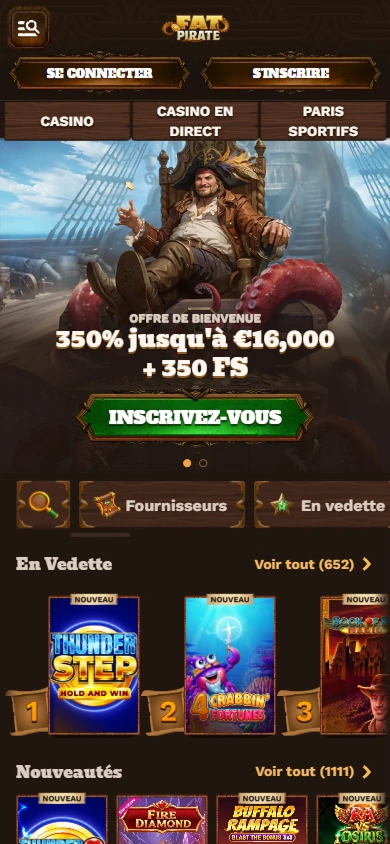 Fat Pirate Casino welcome offer: 350% bonus up to €16,000 + 350 FS