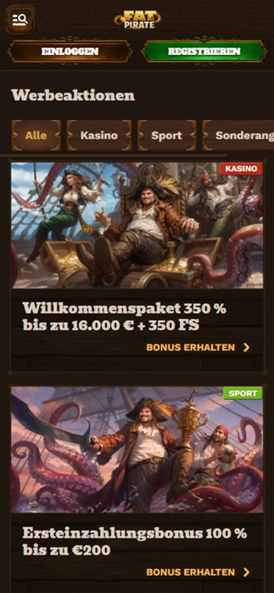 Fat Pirate Casino welcome bonus banner: 350% up to €16,000 + 350 FS