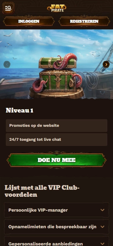 Fat Pirate Casino mobile screenshot showing login and registration buttons