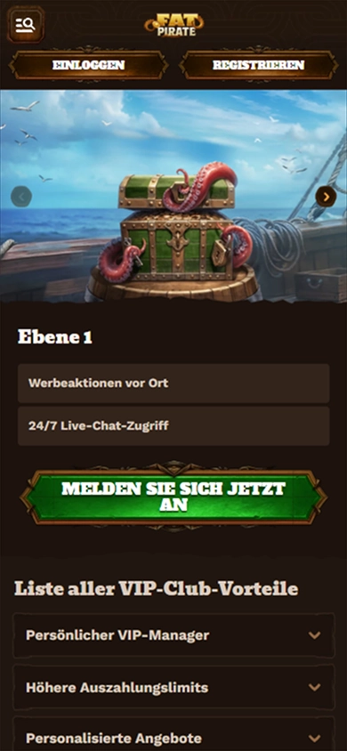 Fat Pirate Casino mobile registration screen with login and register buttons