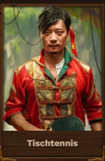 Asian man in red and gold outfit, "Tischtennis" text