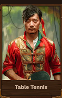 Table Tennis player in red and gold attire, holding a paddle