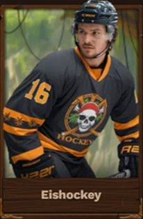 Hockey player in black and orange jersey with pirate skull logo