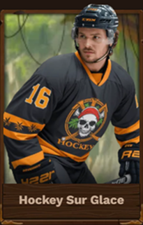 Hockey player with skull and crossbones logo on jersey