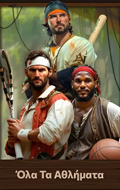 Three men with sports equipment: baseball bat, tennis racket, basketball